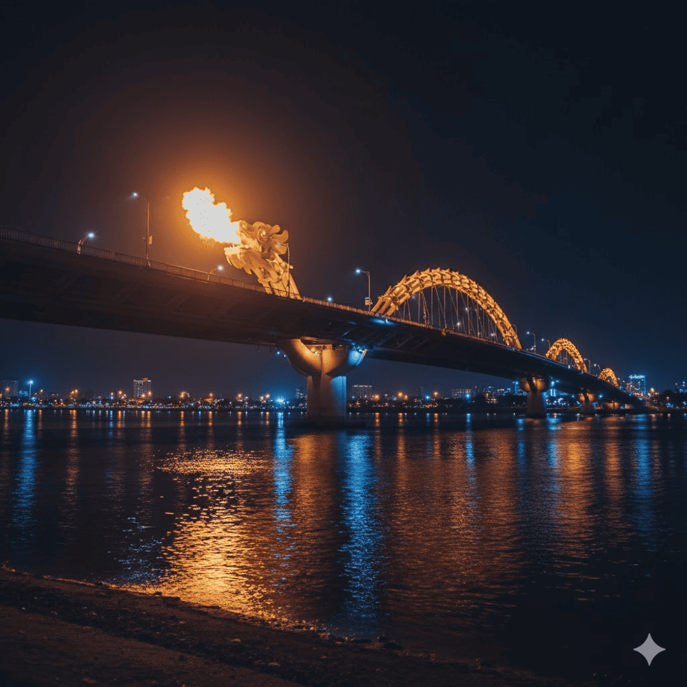 The Dragon Bridge in Da Nang, Vietnam, lights up the night as its golden dragon breathes fire, creating a mesmerizing spectacle over the Han River